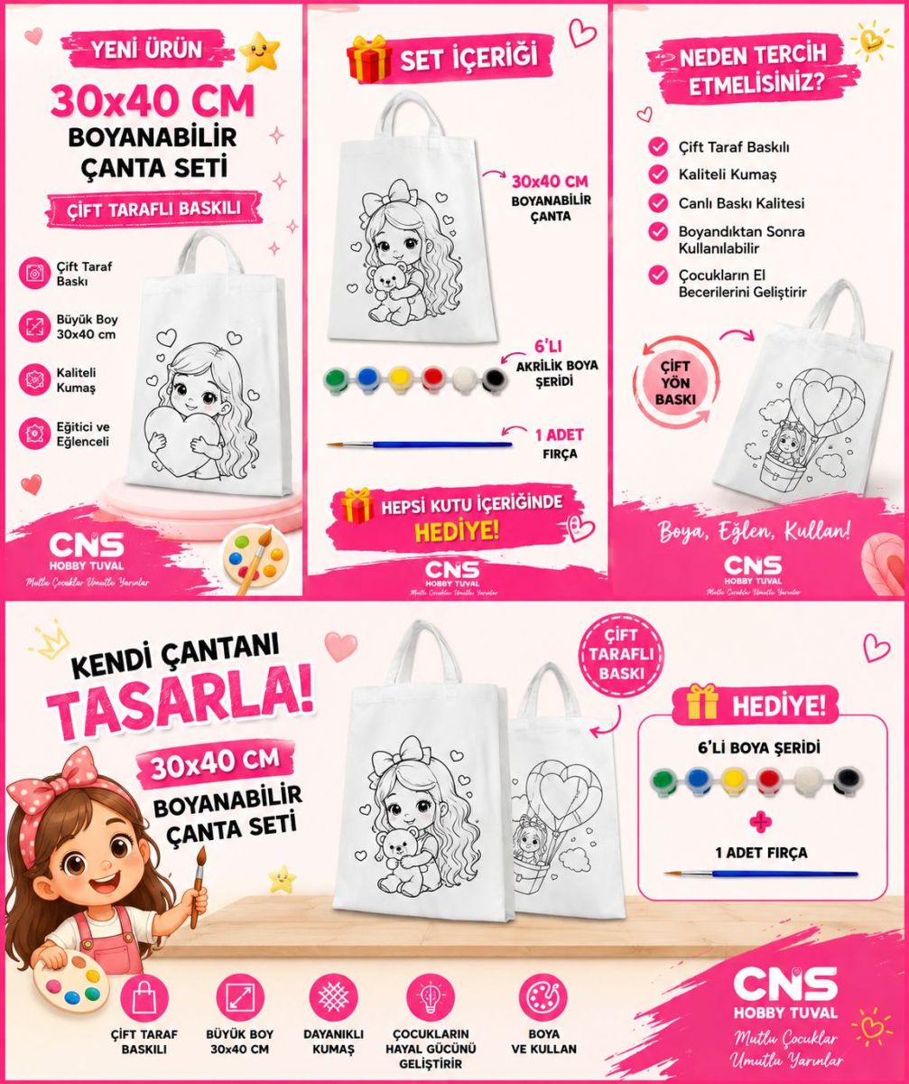 ÇANTA BOYAMA SETİ 30X40 ÇİFT YÖN BASKI BOYA FIRÇA HEDİYELİ